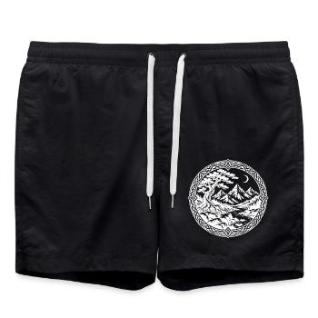 Bergbaum und Fluss mit nordischer Knotengrenze - Badeshorts - Schwarz - Vorne - AI Model Male 185 light (185cm)