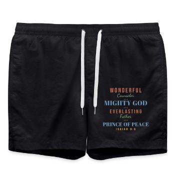 Wonderful Counselor Mighty God – Isaiah 9:6 - Badeshorts - Schwarz - Vorne - AI Model Male 185 light (185cm)