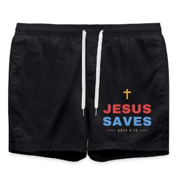 Jesus Saves – Acts 4:12 Christian - Badeshorts - Schwarz - Vorne - AI Model Male 185 light (185cm)