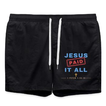Jesus Paid It All – Christian Stamp - Badeshorts - Schwarz - Vorne - AI Model Male 185 light (185cm)