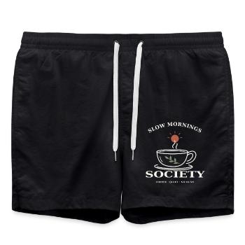 Slow Mornings Society – Kaffee & Ruhe - Badeshorts - Schwarz - Vorne - AI Model Male 185 light (185cm)