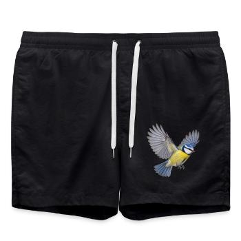 Blaumeise im Flug – blaugelbes Gartenvogelmotiv - Badeshorts - Schwarz - Vorne - AI Model Male 185 light (185cm)