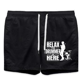 Entspann dich, der Schlagzeuger ist da, Percussion-Musikliebhaber - Badeshorts - Schwarz - Vorne - AI Model Male 185 light (185cm)