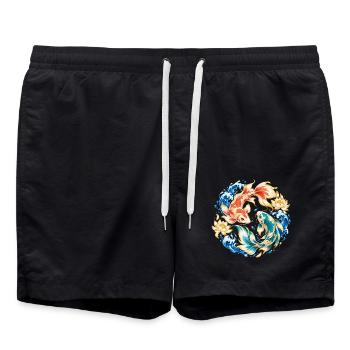 Koi im Wellenkreis mit Lotus | Noventra - Badeshorts - Schwarz - Vorne - AI Model Male 185 light (185cm)