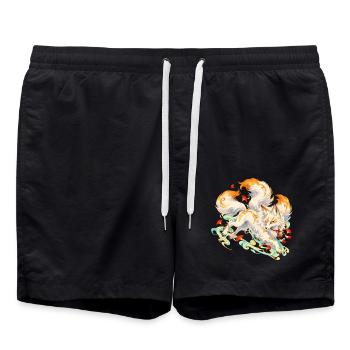 Kitsune Fuchs mit Flammen und Ahorn | Noventra - Badeshorts - Schwarz - Vorne - AI Model Male 185 light (185cm)