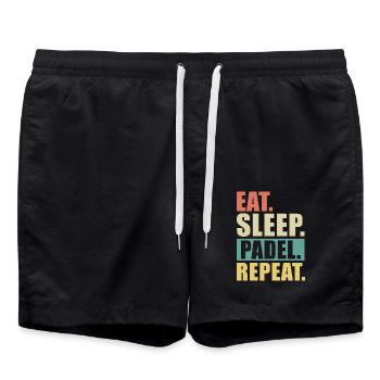 Essen, schlafen, Padel wiederholen, Tee wiederholen. - Badeshorts - Schwarz - Vorne - AI Model Male 185 light (185cm)