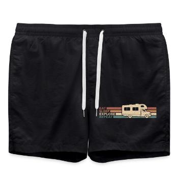 Eat Sleep Explore Repeat Wohnwagen Spruch - Badeshorts - Schwarz - Vorne - AI Model Male 185 light (185cm)