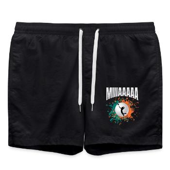 Miiaaaaa! Volleyball Ruf – Farbklecks Ball - Badeshorts - Schwarz - Vorne - AI Model Male 185 light (185cm)