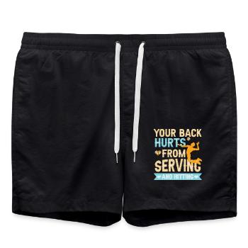 Rücken tut weh vom Aufschlag – Volleyball Humor - Badeshorts - Schwarz - Vorne - AI Model Male 185 light (185cm)