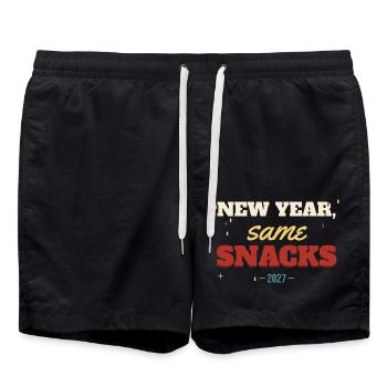 New Year, Same Snacks – Silvester 2027 Spruch - Badeshorts - Schwarz - Vorne - AI Model Male 185 light (185cm)