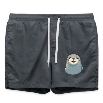 Siegelkarikatur Kawaii Aquarellillustration - Badeshorts - Anthrazit - Vorne - AI Model Male 185 light (185cm)