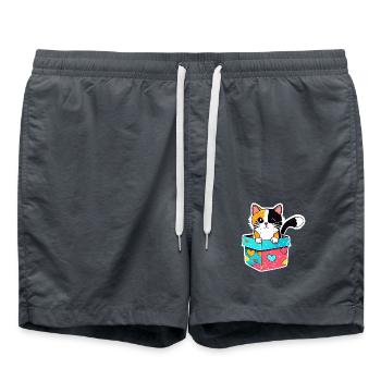 Eine orangefarbene Katze in einer Schachtel mit ihrem leuchtenden - Badeshorts - Anthrazit - Vorne - AI Model Male 185 light (185cm)