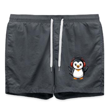Pinguin Lustige Zeichentrickfigur Kopfhörermusik - Badeshorts - Anthrazit - Vorne - AI Model Male 185 light (185cm)