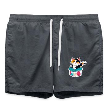 Eine orangefarbene Katze in einer Kiste, mit ihrem Fell - Badeshorts - Anthrazit - Vorne - AI Model Male 185 light (185cm)