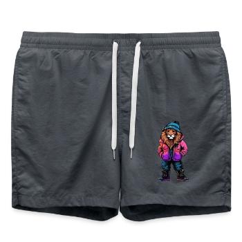 Löwe mit pinker Winterjacke und blauer Mütze - Badeshorts - Anthrazit - Vorne - AI Model Male 185 light (185cm)