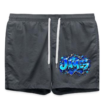 JAMES in elektrisch blauem Graffiti! Epische Namenskunst - Badeshorts - Anthrazit - Vorne - AI Model Male 185 light (185cm)