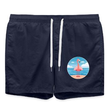Flamingo Cartoon Yoga Strand Sommer Illustration - Badeshorts - French Navy - Vorne - AI Model Male 185 light (185cm)