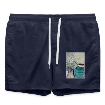 Ölgemälde Kunst Stillleben Küche Vintage Blüten - Badeshorts - French Navy - Vorne - AI Model Male 185 light (185cm)