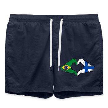 Brazil Finland Flag Hands Heart Shape Used - Swim Trunks - french navy - Front - AI Model Male 185 light (185cm)