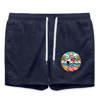 Flamingo Lustige Cartoon Sommer Strand Sonnenbrille - Badeshorts - French Navy - Vorne - AI Model Male 185 light (185cm)