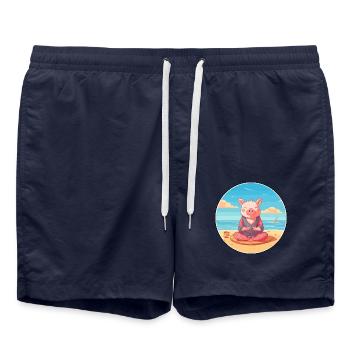 Schwein Karikatur Yoga Strand Sommer Illustration - Badeshorts - French Navy - Vorne - AI Model Male 185 light (185cm)