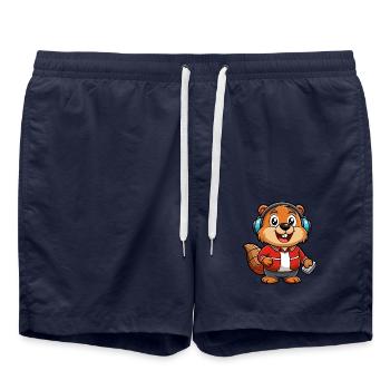 Biber Lustige Zeichentrickfigur Kopfhörer Musik - Badeshorts - French Navy - Vorne - AI Model Male 185 light (185cm)