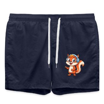 Squirrel Funny Cartoon Character Headphone Music - Swim Trunks - french navy - Front - AI Model Male 185 light (185cm)