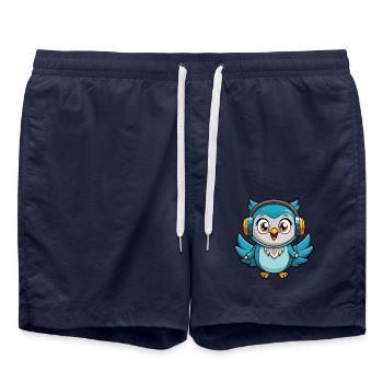 Owl Funny Cartoon Character Headphone Music - Swim Trunks - french navy - Front - AI Model Male 185 light (185cm)