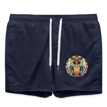 Eule buntes Aquarell Tier Haustier Illustration - Badeshorts - French Navy - Vorne - AI Model Male 185 light (185cm)