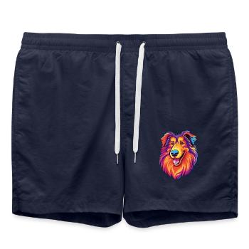 Rauer Collie Hund Rasse Cartoon Kawaii Illustration - Badeshorts - French Navy - Vorne - AI Model Male 185 light (185cm)