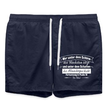Psalm 91 – Wer unter dem Schirm des Höchsten sitzt - Badeshorts - French Navy - Vorne - AI Model Male 185 light (185cm)
