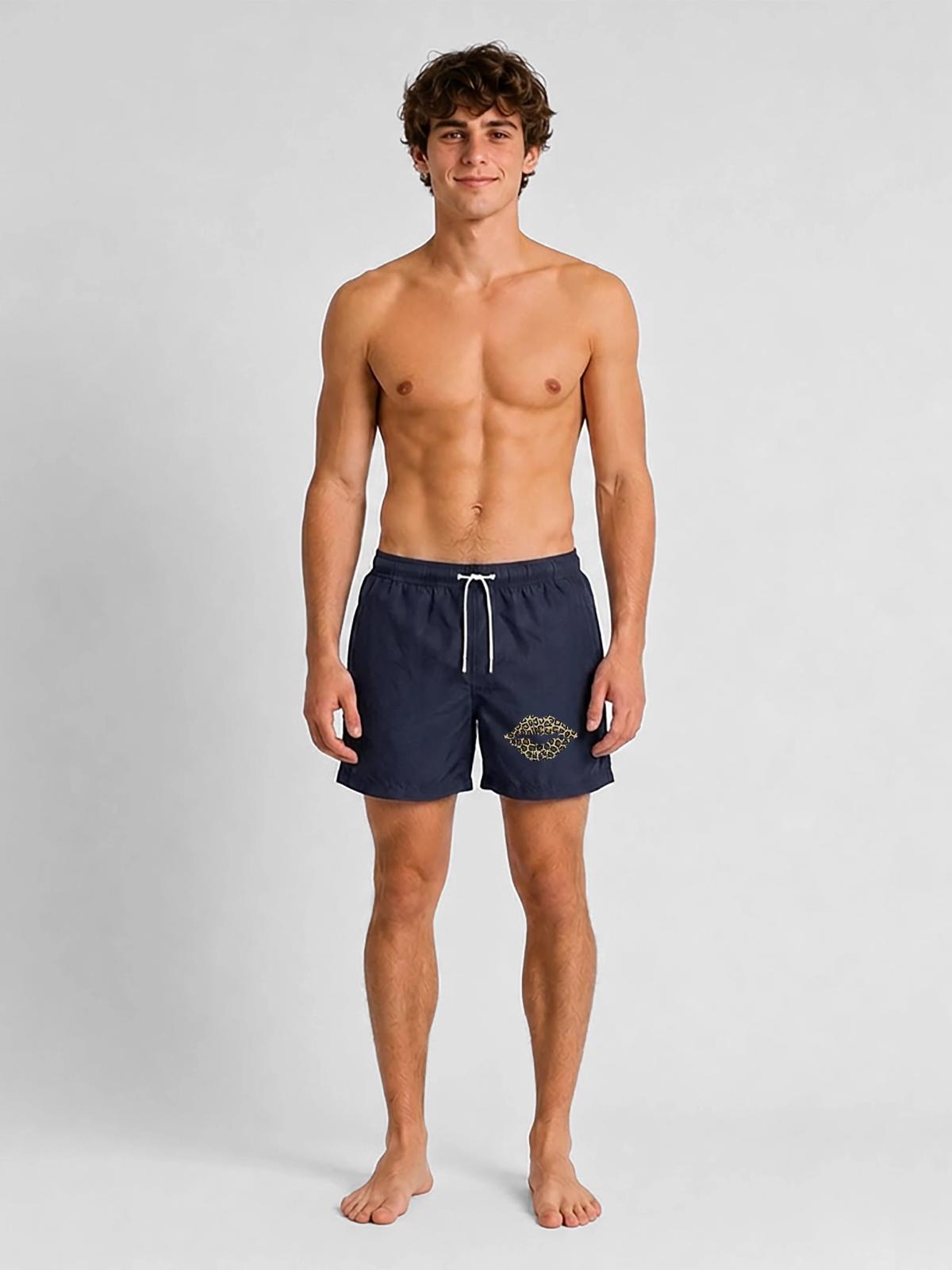 Lippen Leopard - Badeshorts - French Navy - Vorne - AI Model Male 185 light (185cm)