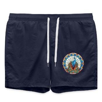 Pfau Buntes Aquarell Tier Illustration - Badeshorts - French Navy - Vorne - AI Model Male 185 light (185cm)