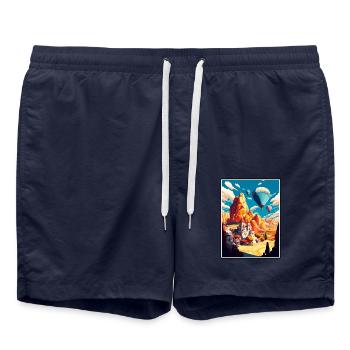 Kappadokien Dekoration Vintage Reiseposter WPA - Badeshorts - French Navy - Vorne - AI Model Male 185 light (185cm)