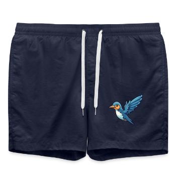 Schwalbe Cartoon Kawaii Aquarell Illustration - Badeshorts - French Navy - Vorne - AI Model Male 185 light (185cm)