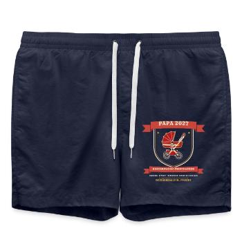 Papa 2027 – Kinderwagen Profifahrer Werdender Papa - Badeshorts - French Navy - Vorne - AI Model Male 185 light (185cm)