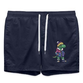 Dinosaurier mit Winterjacke und Mütze - Badeshorts - French Navy - Vorne - AI Model Male 185 light (185cm)