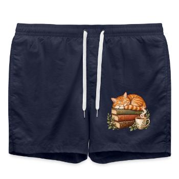 Schlafende Katze auf Büchern mit Kaffee – Cozy - Badeshorts - French Navy - Vorne - AI Model Male 185 light (185cm)