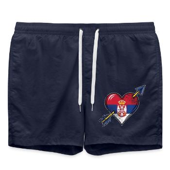 Serbien Flagge Herz mit Pfeil used look - Badeshorts - French Navy - Vorne - AI Model Male 185 light (185cm)