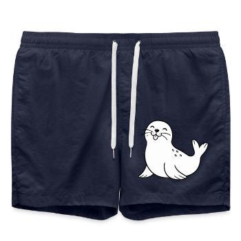 Fröhliche Robbe Cartoon - Badeshorts - French Navy - Vorne - AI Model Male 185 light (185cm)