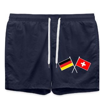 Deutschland & Schweiz Flaggen - Partnerschaft - Badeshorts - French Navy - Vorne - AI Model Male 185 light (185cm)