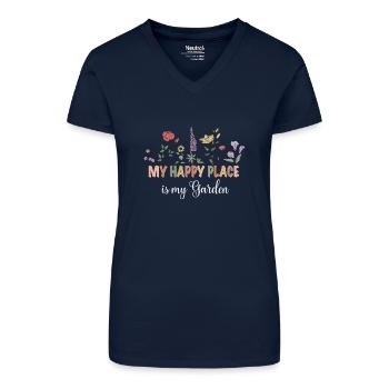 My happy place is my Garden - Bio Frauen T-Shirt mit V-Ausschnitt - Dunkelblau - Vorne