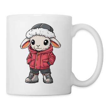 Schaf mit Winterjacke und Fellmütze - Tasse - Weiß - Rechts