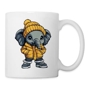 Elefant mit gelber Winterjacke und Mütze - Tasse - Weiß - Rechts