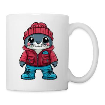 Robbe mit Winterjacke und roter Mütze - Tasse - Weiß - Rechts