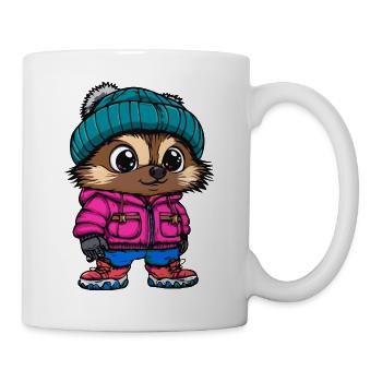 Igel mit pinker Winterjacke und Mütze - Tasse - Weiß - Rechts