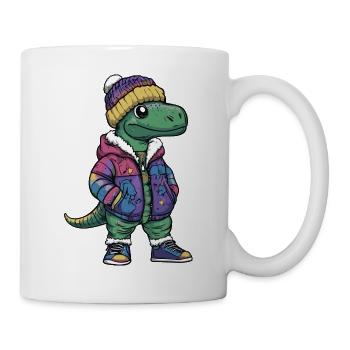 Dinosaurier mit Winterjacke und Mütze - Tasse - Weiß - Rechts