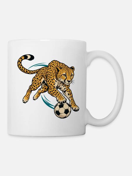Gepard mit Fußball – Dynamisches Sportmotiv - Tasse - Weiß