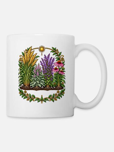 Pflanzenkranz im Sonnenkreis - Tasse - Weiß
