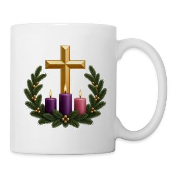 Adventskranz mit Kreuz und Kerzen - Tasse - Weiß - Rechts